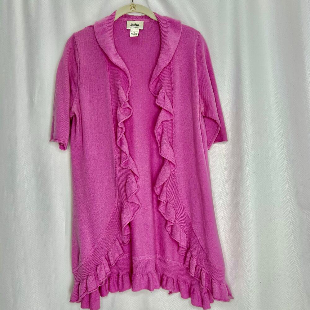 Neiman Marcus pink cashmere cardigan ruffle trim size L short sleeves feminine